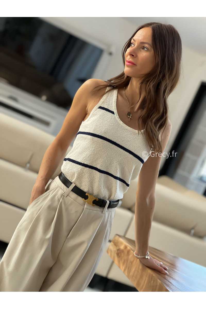 Débardeur maille rayures grecy mode look printemps été 2025 tendance
