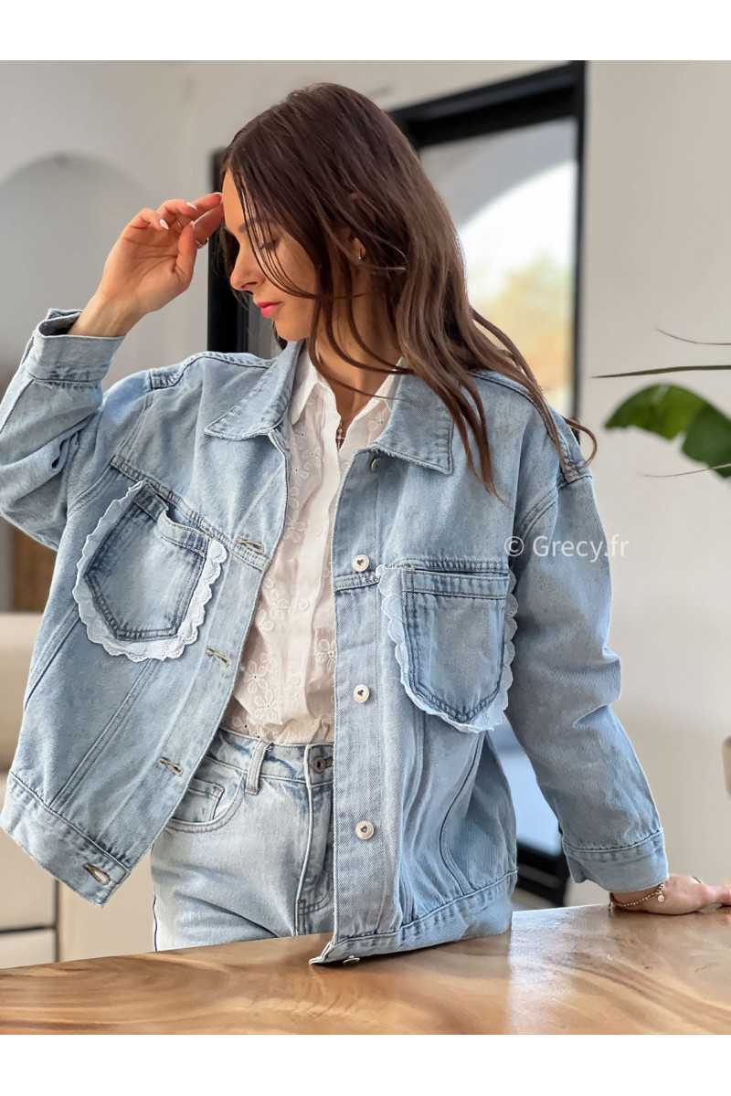 Veste jean broderies grecy mode look printemps été 2025 tendance