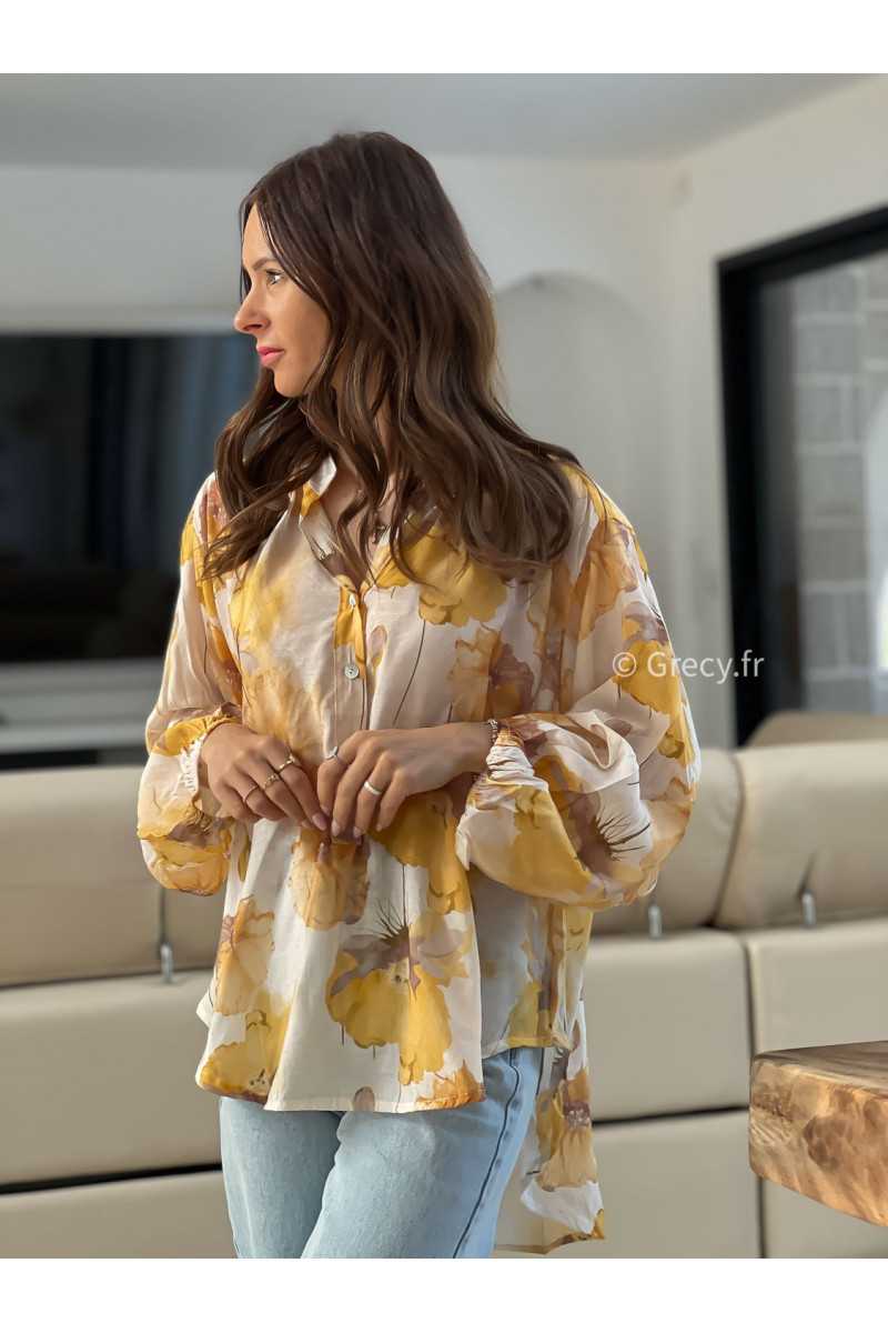 Chemise fluide fleurie jaune grecy mode look printemps été 2025 tendance