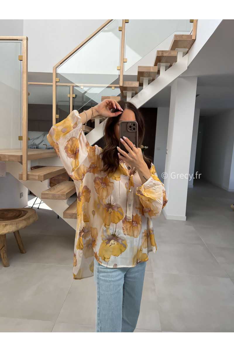 Chemise fluide fleurie jaune grecy mode look printemps été 2025 tendance