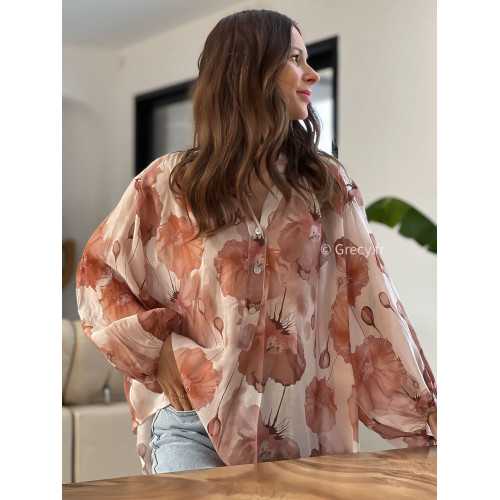 Chemise fluide fleurie rose nude beige grecy mode look printemps été 2025 tendance