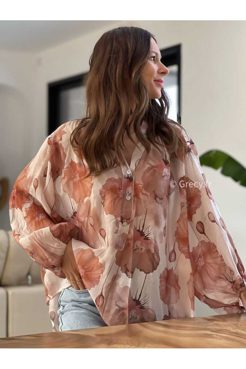Chemise fluide fleurie rose nude beige grecy mode look printemps été 2025 tendance