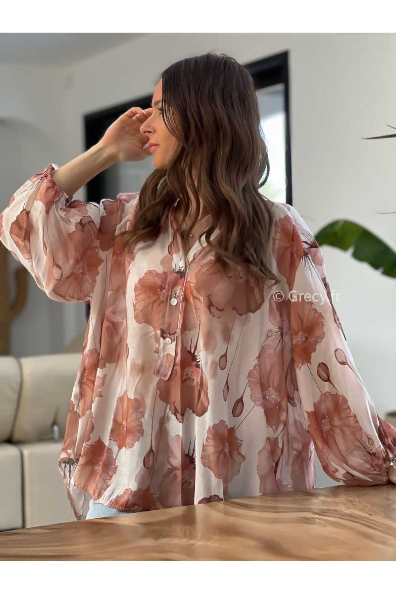 Chemise fluide fleurie rose nude beige grecy mode look printemps été 2025 tendance