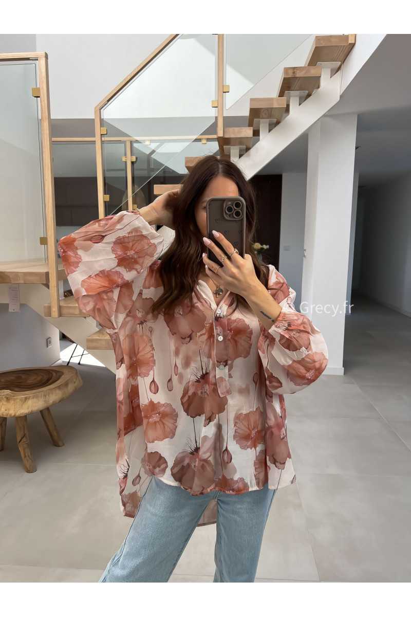 Chemise fluide fleurie rose nude beige grecy mode look printemps été 2025 tendance