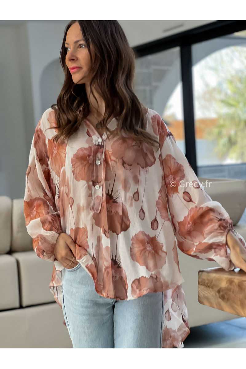 Chemise fluide fleurie rose nude beige grecy mode look printemps été 2025 tendance