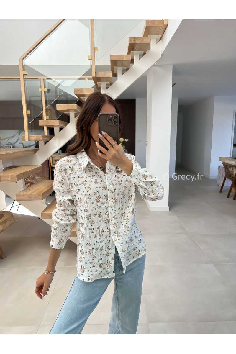 Chemise gaze coton fleurs beige grecy mode look printemps été 2025 tendance