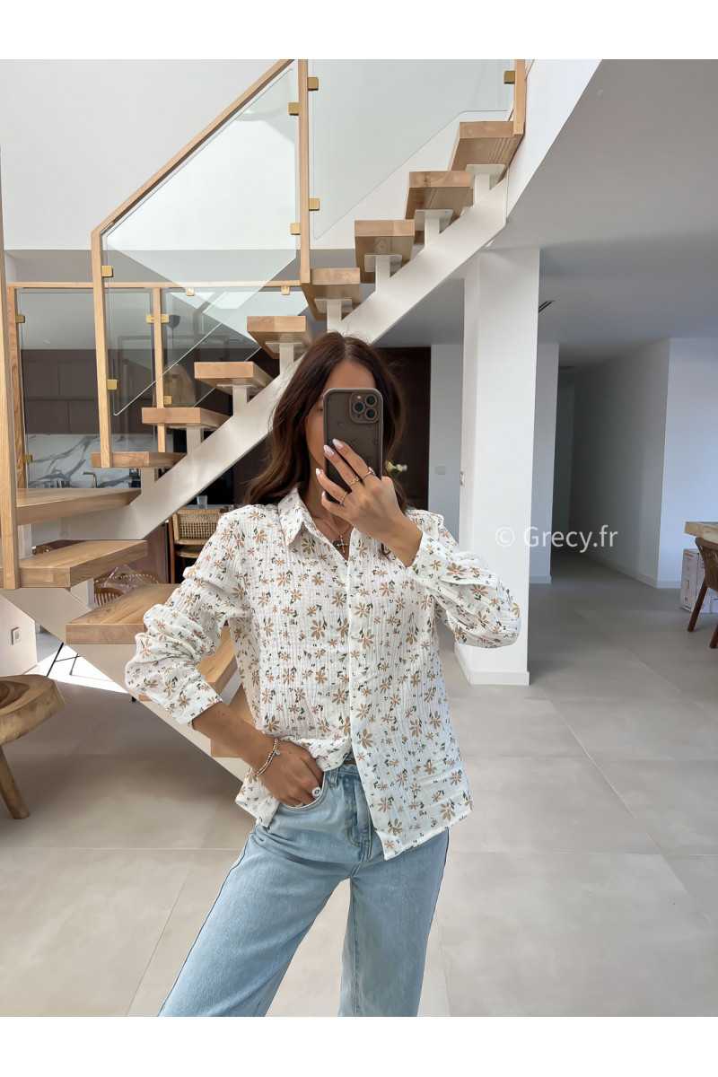 Chemise gaze coton fleurs beige grecy mode look printemps été 2025 tendance