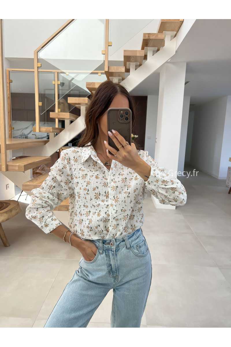 Chemise gaze coton fleurs beige grecy mode look printemps été 2025 tendance