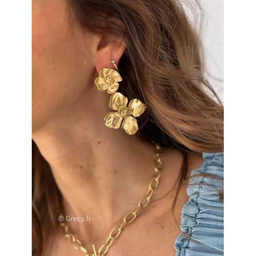 boucles d'oreilles fleur double acier inoxydable doré or