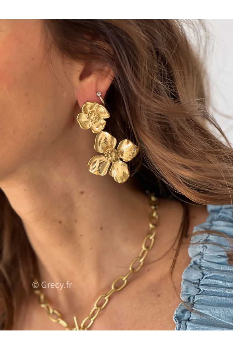 boucles d'oreilles fleur double acier inoxydable doré or