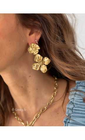 boucles d'oreilles fleur double acier inoxydable doré or