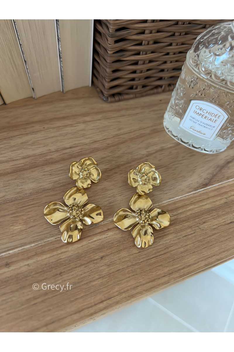 boucles d'oreilles fleur double acier inoxydable doré or