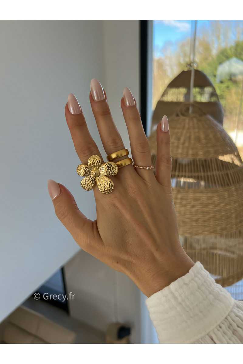 bague fleur dorée or acier inoxydable bijoux grecy