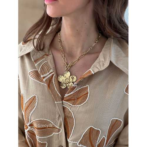 Collier fleur acier inoxydable charms bijoux grecy