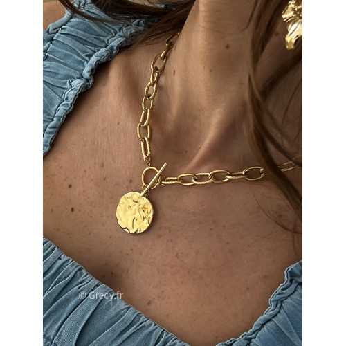 Collier rond martelé acier inoxydable charm bijoux grecy or doré