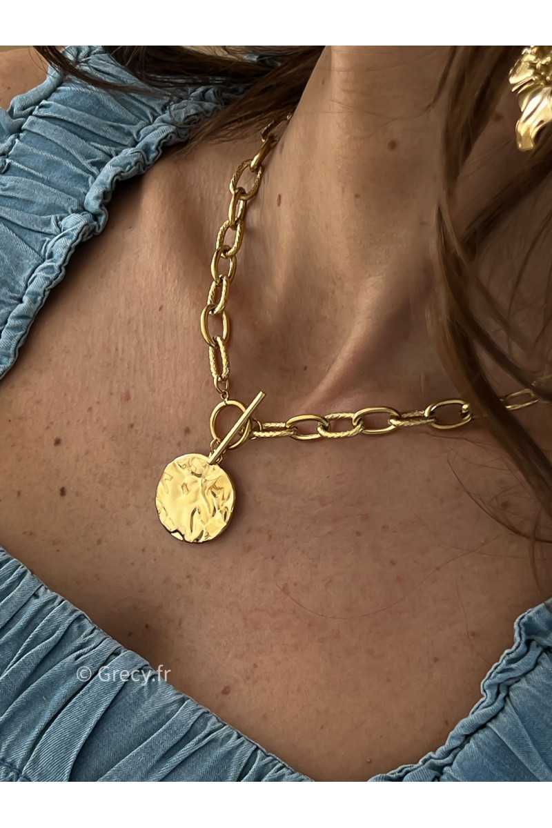 Collier rond martelé acier inoxydable charm bijoux grecy or doré