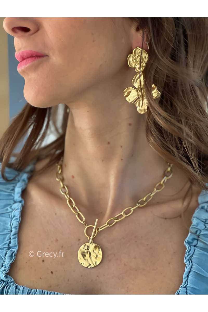 Collier rond martelé acier inoxydable charm bijoux grecy or doré