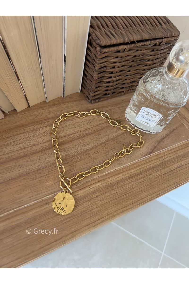 Collier rond martelé acier inoxydable charm bijoux grecy or doré