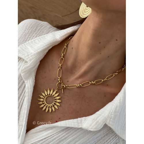 Collier bohème soleil fleur tournesol plumes or doré acier inoxydable grecy bijoux