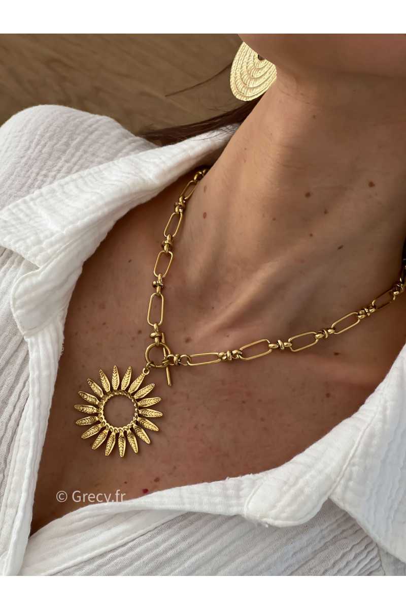 Collier bohème soleil fleur tournesol plumes or doré acier inoxydable grecy bijoux