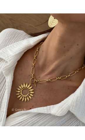 Collier bohème soleil fleur tournesol plumes or doré acier inoxydable grecy bijoux