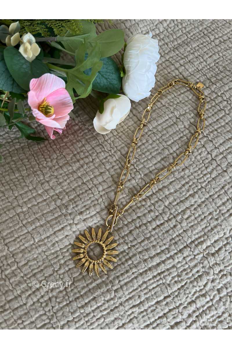 Collier bohème soleil fleur tournesol plumes or doré acier inoxydable grecy bijoux
