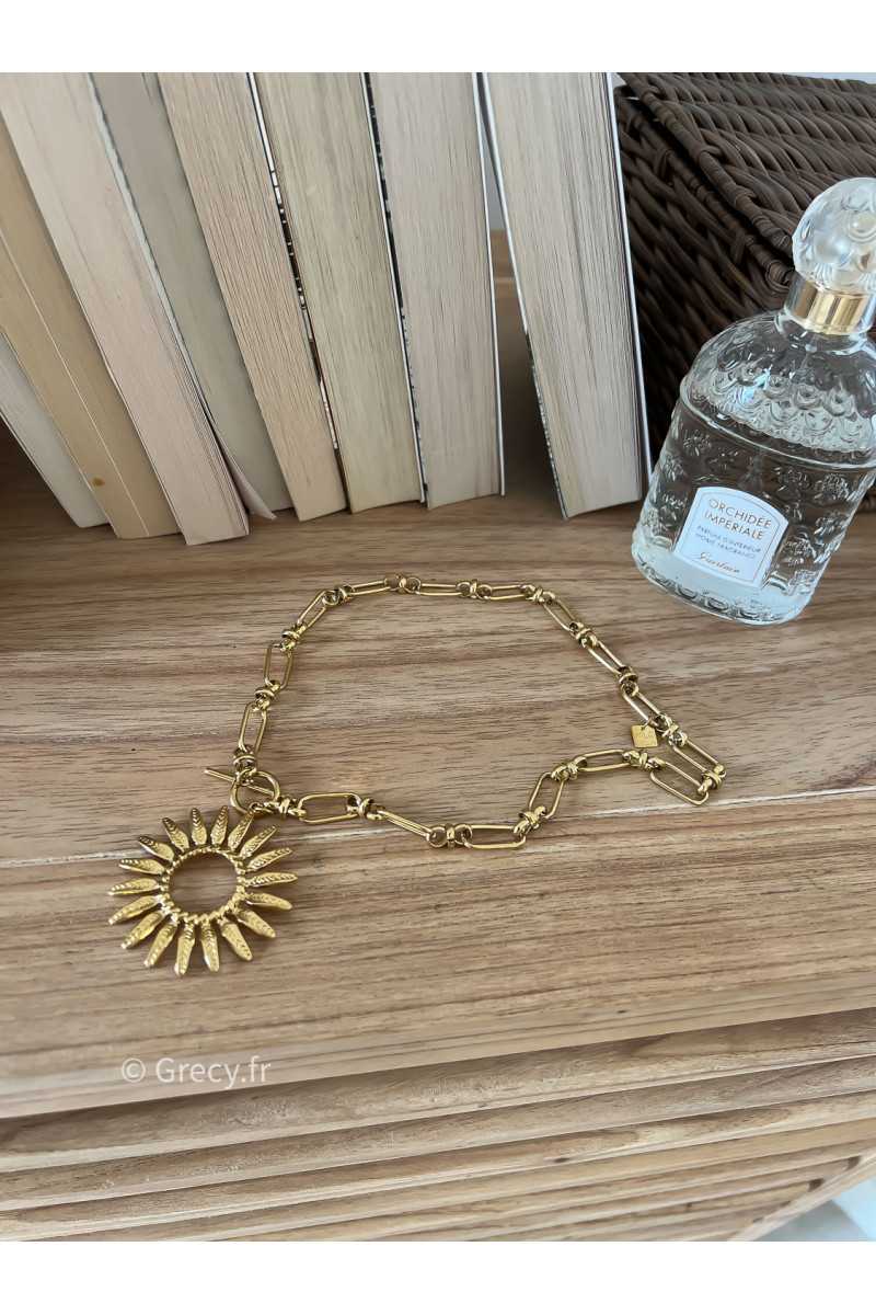 Collier bohème soleil fleur tournesol plumes or doré acier inoxydable grecy bijoux