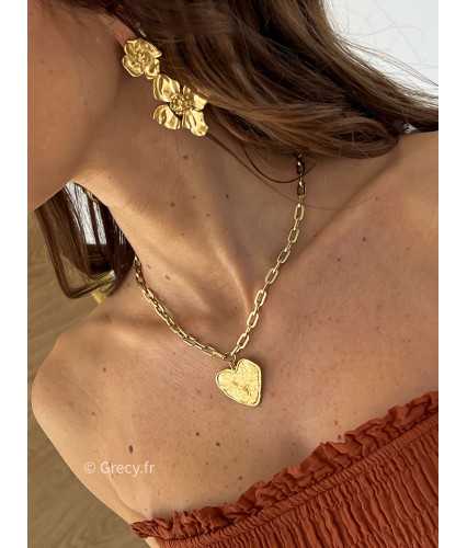 collier coeur martelé gros grand fête des mères maman cadeau grecy bijoux or doré acier inoxydable