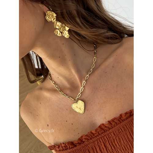 collier coeur martelé gros grand fête des mères maman cadeau grecy bijoux or doré acier inoxydable