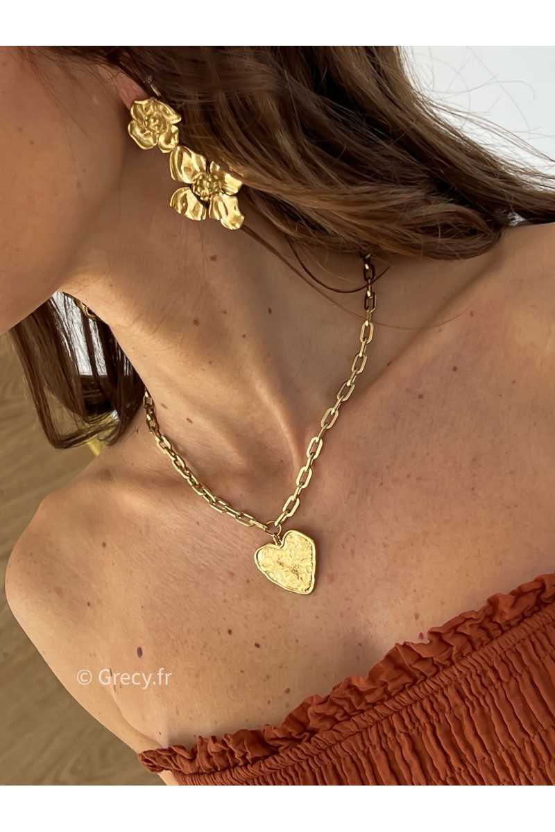 collier coeur martelé gros grand fête des mères maman cadeau grecy bijoux or doré acier inoxydable