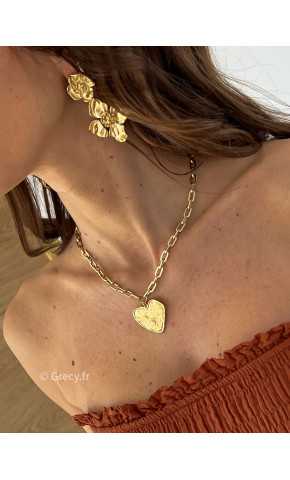 collier coeur martelé gros grand fête des mères maman cadeau grecy bijoux or doré acier inoxydable