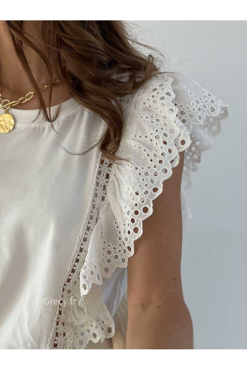 T-shirt blanc broderies bohème printemps été mode tendance basique intemporel