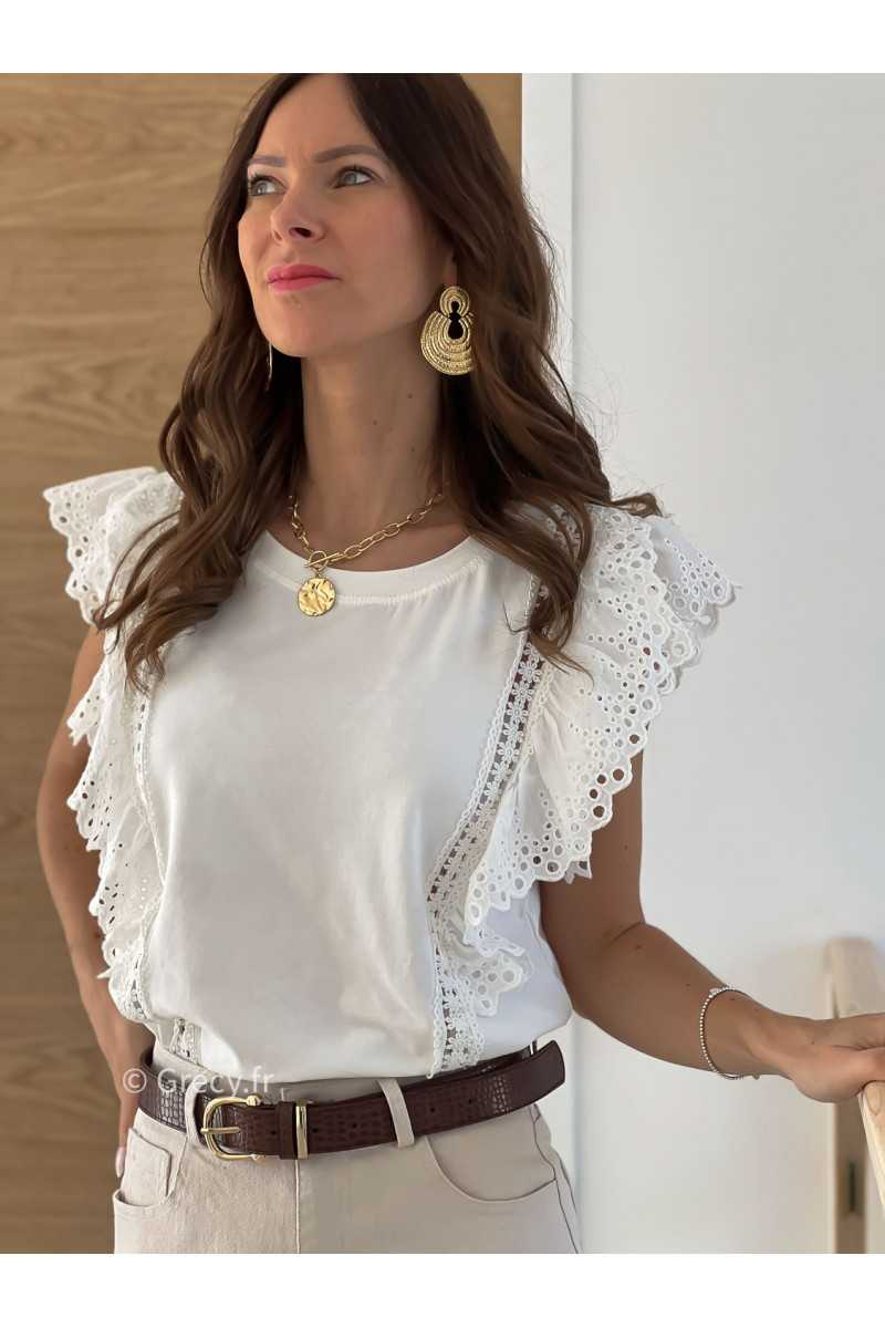 T-shirt blanc broderies bohème printemps été mode tendance basique intemporel
