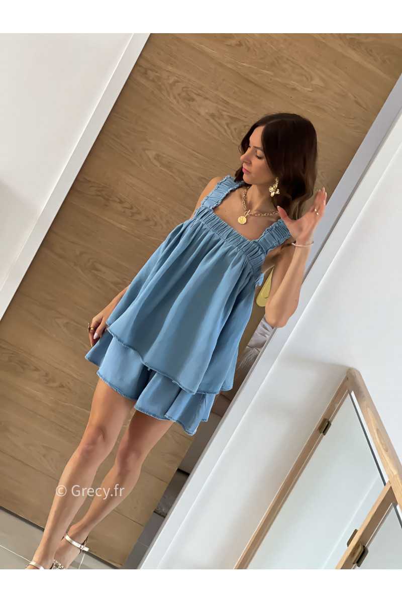 Ensemble denim short top noeud dos bohème printemps été mode tendance basique intemporel