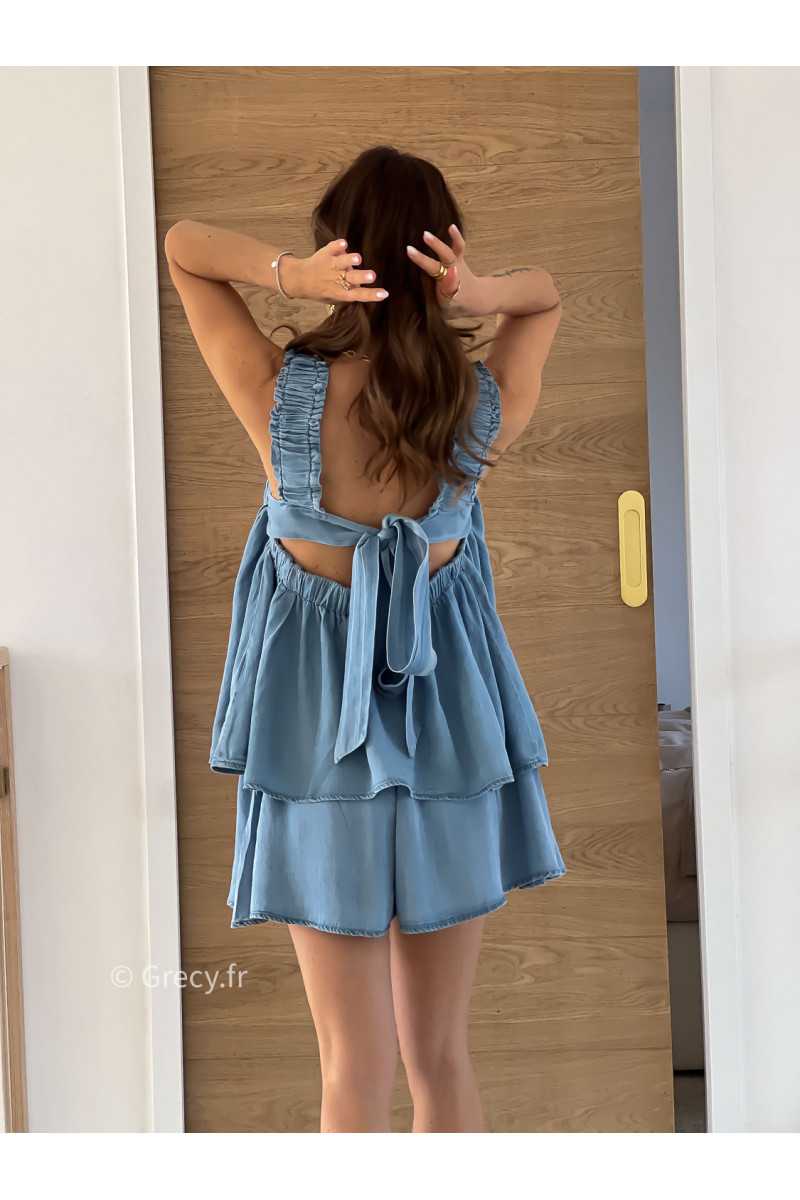 Ensemble denim short top noeud dos bohème printemps été mode tendance basique intemporel