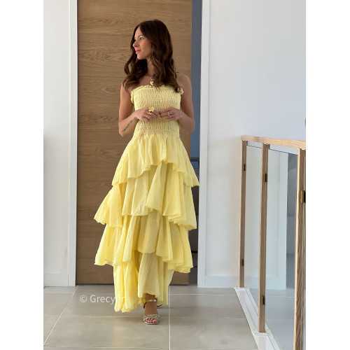 Robe longue gaze coton jaune ceremonie mariage vacances printemps été mode tendance basique intemporel