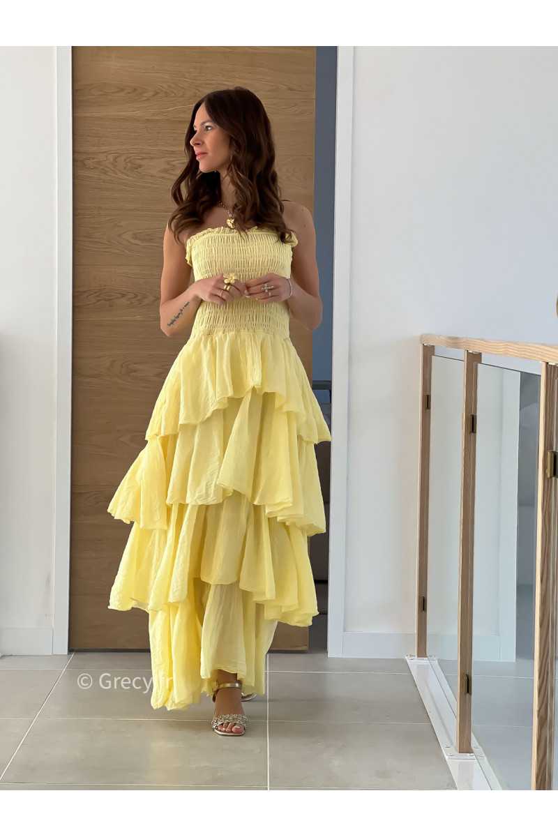 Robe longue gaze coton jaune ceremonie mariage vacances printemps été mode tendance basique intemporel