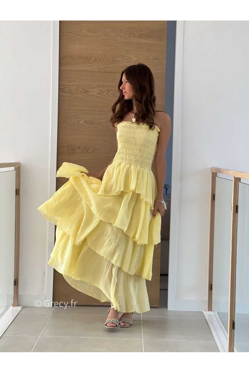 Robe longue gaze coton jaune ceremonie mariage vacances printemps été mode tendance basique intemporel