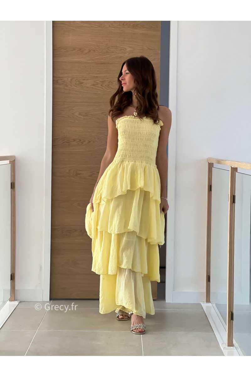 Robe longue gaze coton jaune ceremonie mariage vacances printemps été mode tendance basique intemporel
