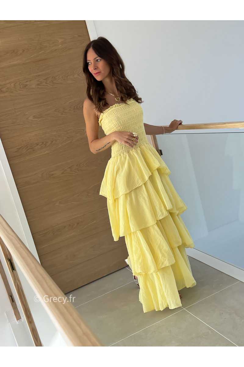 Robe longue gaze coton jaune ceremonie mariage vacances printemps été mode tendance basique intemporel