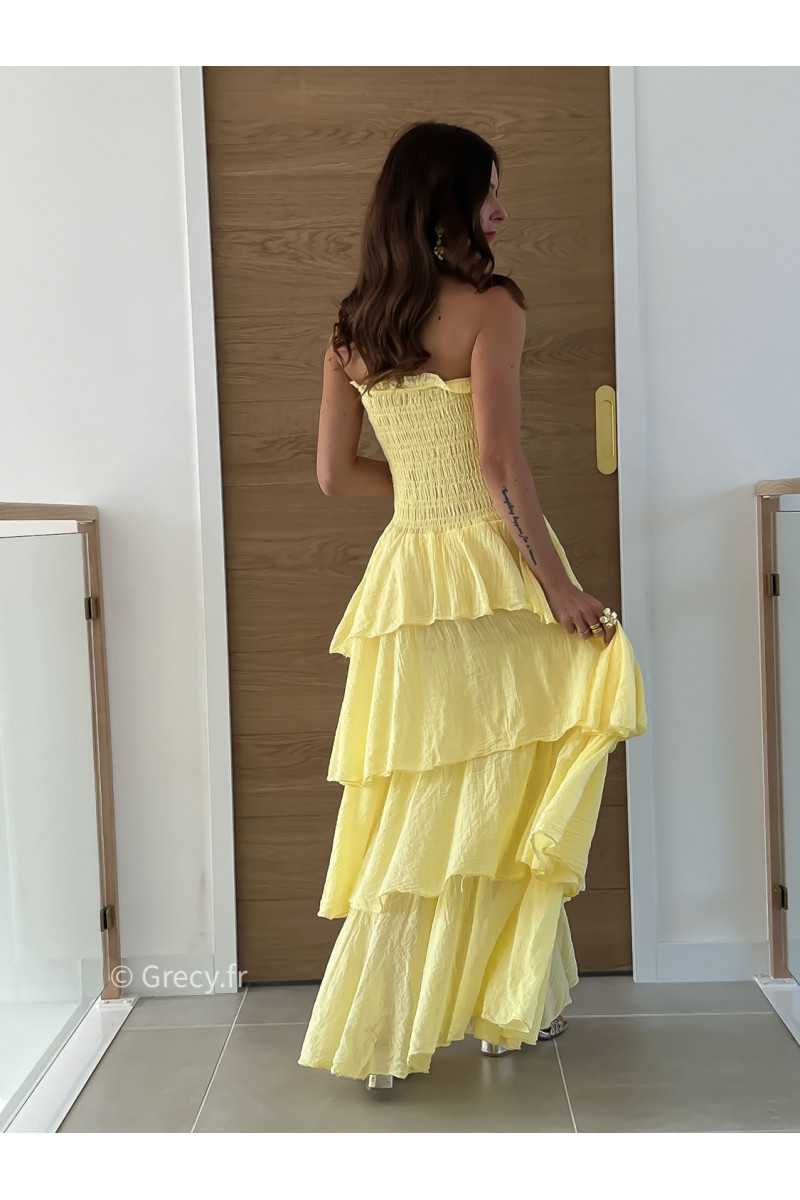 Robe longue gaze coton jaune ceremonie mariage vacances printemps été mode tendance basique intemporel