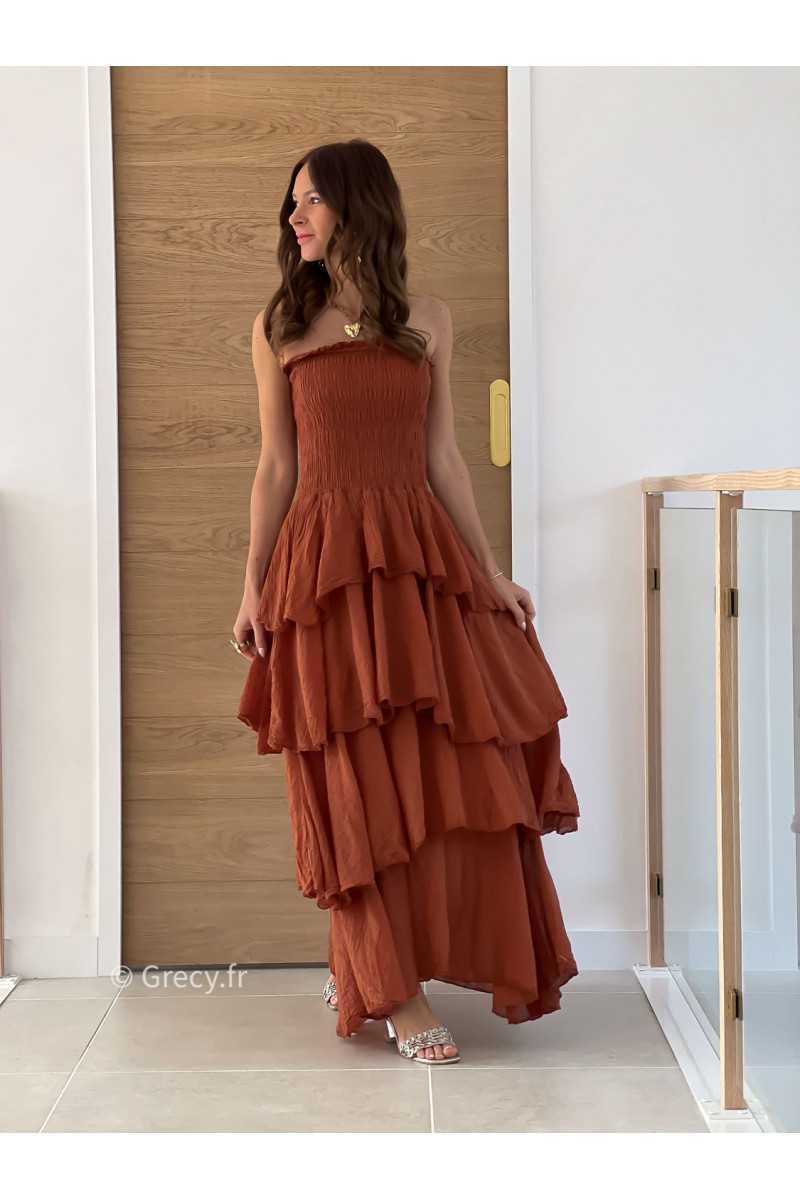 Robe longue gaze coton terracotta ceremonie mariage vacances printemps été mode tendance basique intemporel