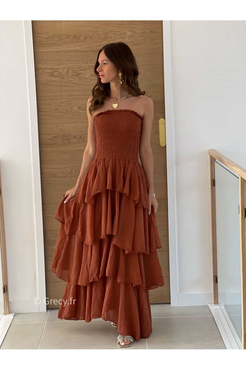 Robe longue gaze coton terracotta ceremonie mariage vacances printemps été mode tendance basique intemporel