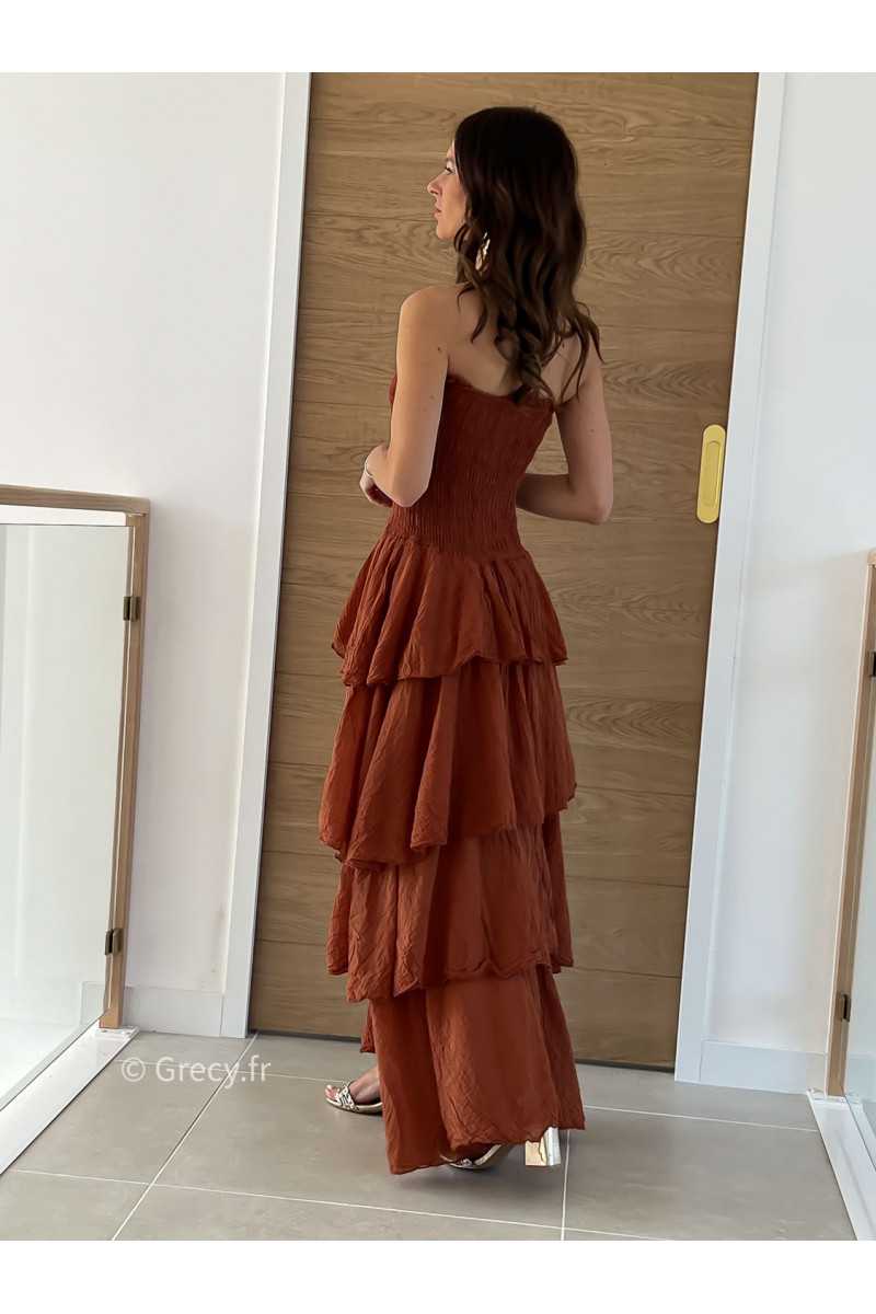 Robe longue gaze coton terracotta ceremonie mariage vacances printemps été mode tendance basique intemporel