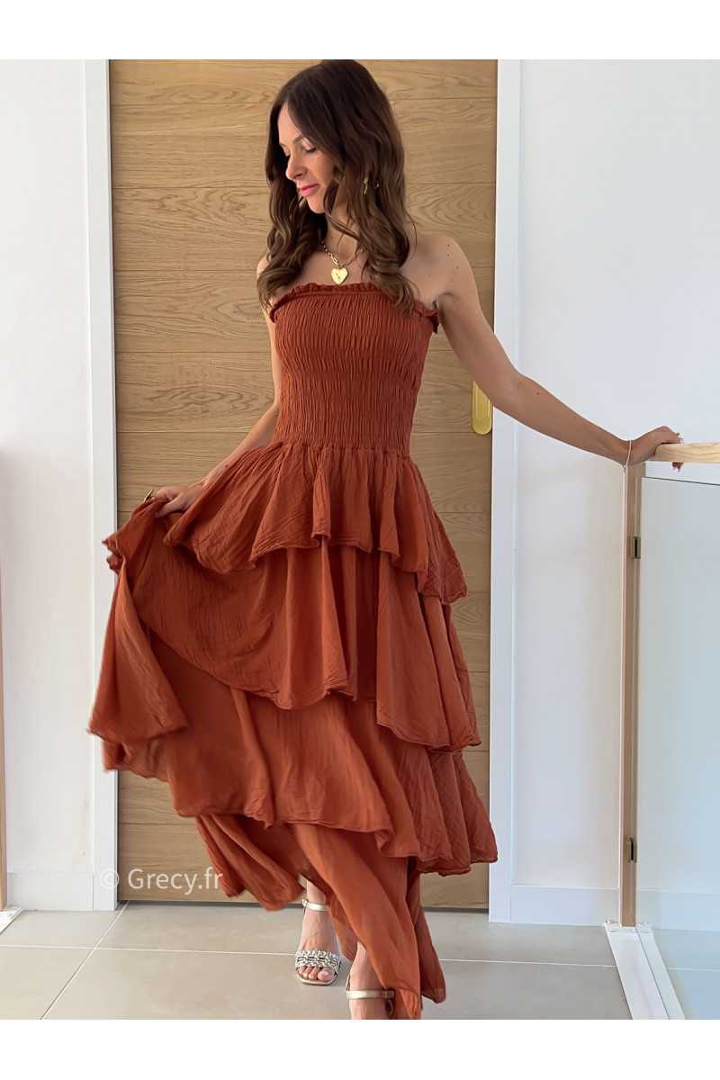 Robe longue gaze coton terracotta ceremonie mariage vacances printemps été mode tendance basique intemporel