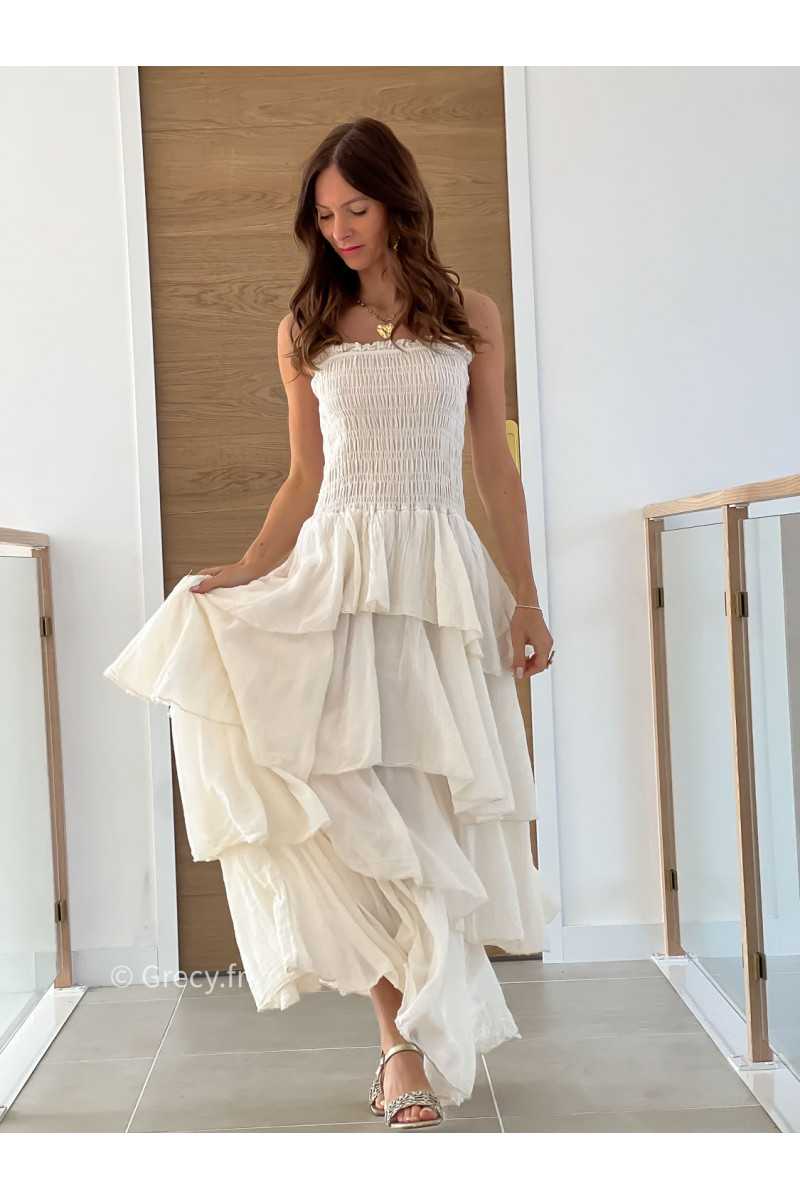 Robe longue gaze coton écru beige ceremonie mariage vacances printemps été mode tendance basique intemporel