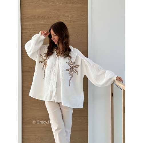 Chemise oversize palmiers gaze coton blanche manches ballons tendance mode printemps été grecy 2025