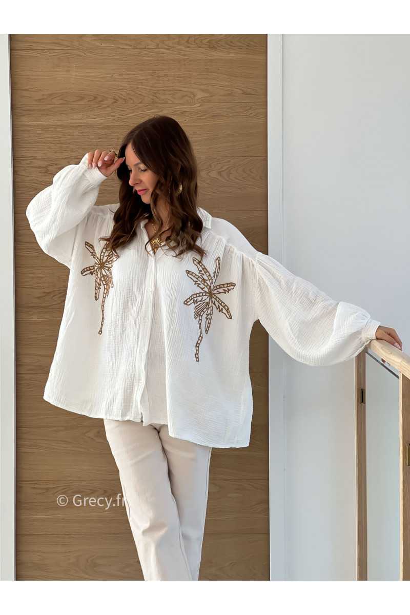 Chemise oversize palmiers gaze coton blanche manches ballons tendance mode printemps été grecy 2025