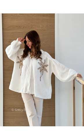 Chemise oversize palmiers gaze coton blanche manches ballons tendance mode printemps été grecy 2025