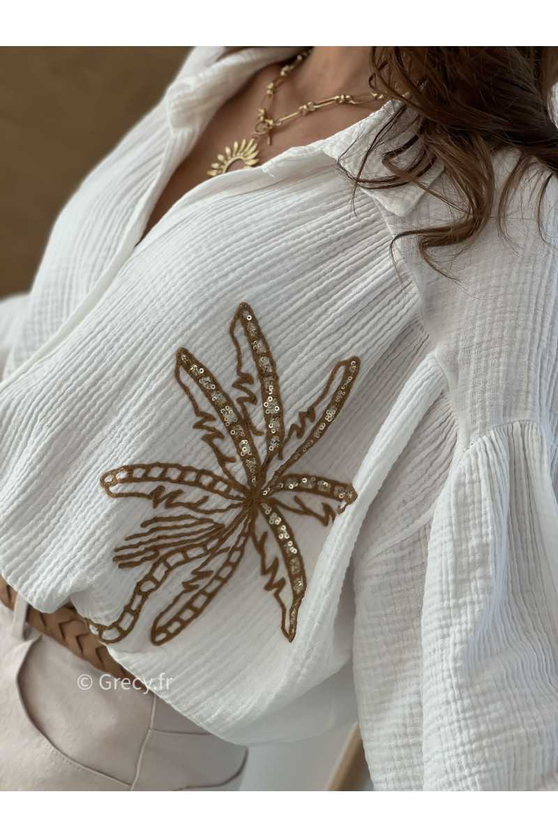 Chemise oversize palmiers gaze coton blanche manches ballons tendance mode printemps été grecy 2025